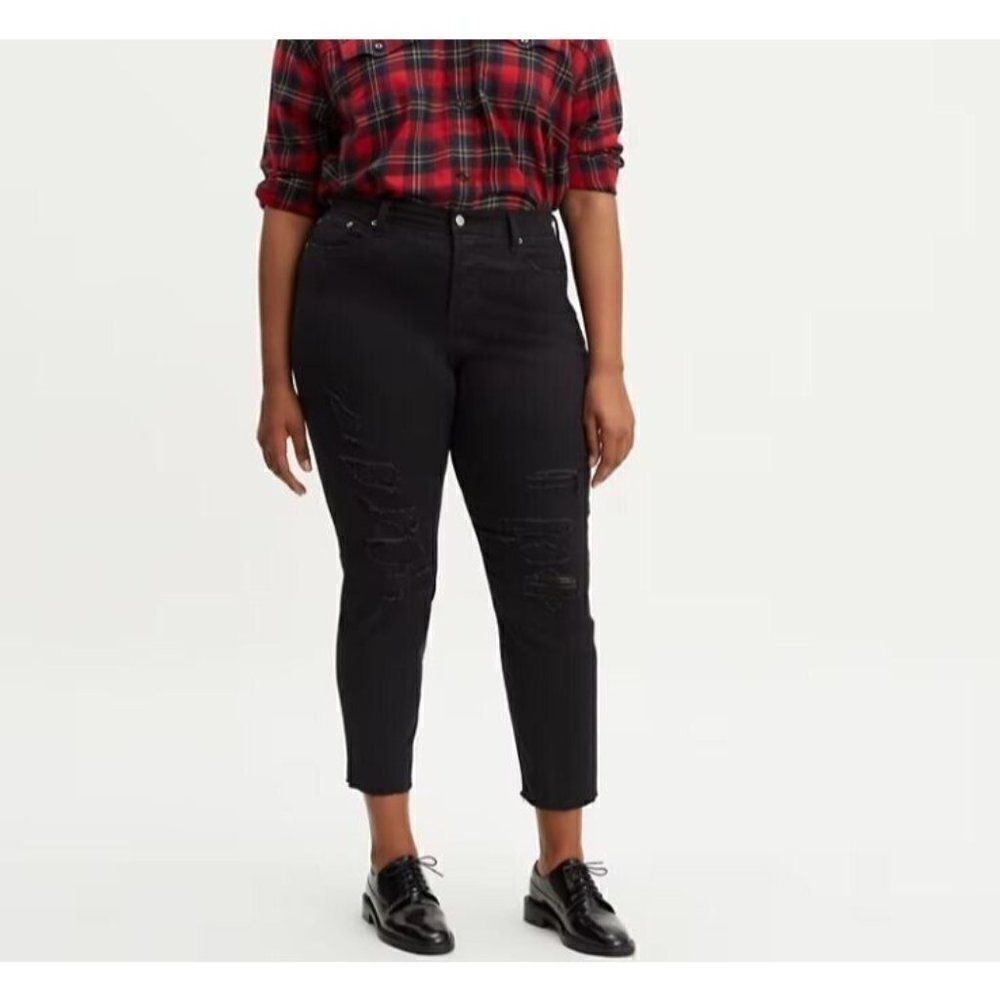 Levi's 501 High Rise Wedgie Skinny Button Fly Jeans‎ Black Distressed Plus 24W